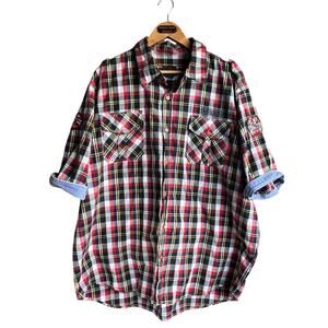 Swiss Cross Mens Red Plaid Shirt With Patches Size 4XL Roll Tab Short Sleeves